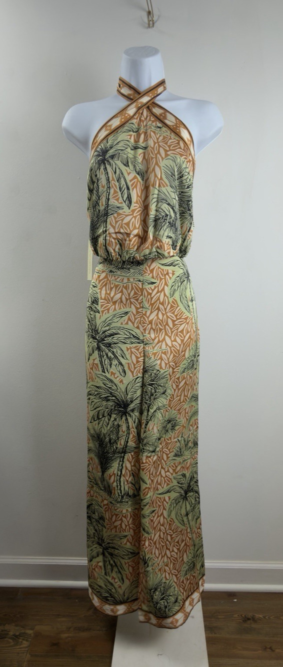 NWT 2 Piece Set Rachel Zoe Tropical Palm Trees Wide Leg Pant Halter Top Sz Med